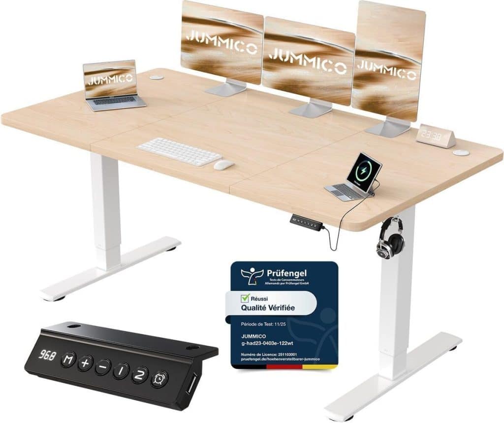 Test : bureau assis debout JUMMICO 160×70 cm, rappel posture, beige
